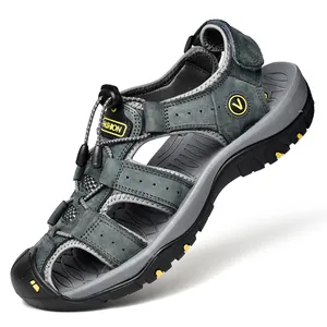 Outdoor grey cowhide closed-toe men's summer sandals with non-slip soft rubber soles