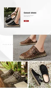 Macro view of men's breathable hollowed-out summer outdoor backless casual sandals