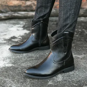 Bottines de cow-boy western pour hommes avec bout pointu et fermeture éclair latérale
