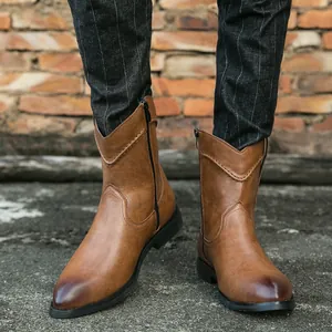 Bottes de cow-boy Western en cuir marron avec bout pointu et fermeture éclair pour hommes