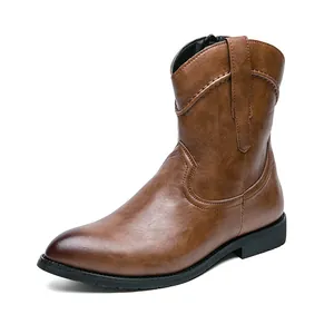 Bottes de cowboy occidentales de qualité pour hommes, marron avec bout pointu et talon.