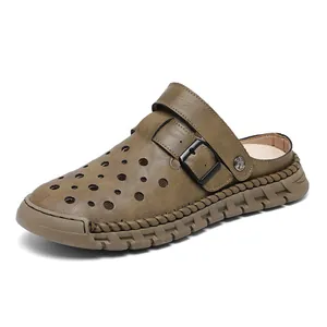 Men's breathable brown faux leather clog sandals for summer outdoor beach wear comfort