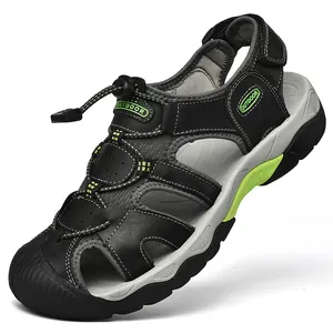 Sandalias de senderismo de cuero genuino para hombre con cordón ajustable en negro y verde