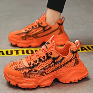 Φωτεινά πορτοκαλί αναπνεύσιμα mesh chunky sneakers για άνδρες, μοντέρνο urban στυλ