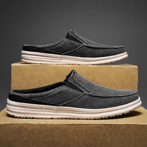 Mocassins en toile grise pour hommes avec design sans talon et semelle blanche antidérapante