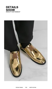 Close-up detail of luxury shiny gold monk strap shoes for men's stage performance