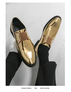 Detail of gold glossy metallic monk strap shoes with elastic band for men.