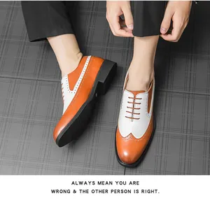 Detailansicht der zweifarbigen Brogue-Schuhe für Herren in Orange und Weiß aus Lackleder