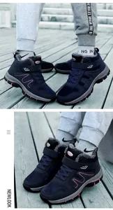 Dunkelblaue hohe Winter-Wanderschuhe für Senioren mit warmem Kunstfellfutter und Klettverschluss