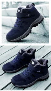 Detaillierte Ansicht blauer Winterstiefel mit warmem grauem Kunstfellfutter für Senioren