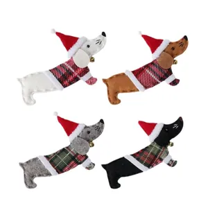 Set of four felt dachshund Christmas ornaments wearing Santa hats and plaid sweaters