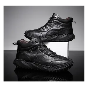 Premium durable black leather high-top outdoor hiking boots for men with textured sole