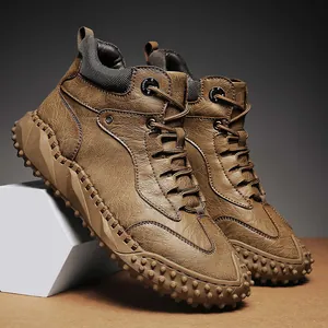 Men Microfiber Leather Martin Boots High Top Lace-Up Non-Slip Hiking Shoes British Style Handcrafted Outdoor Footwear