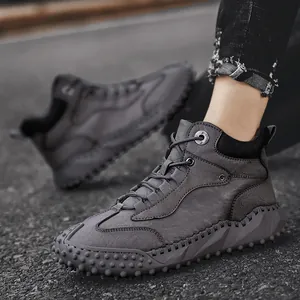 Men's high-top casual leather hiking boots in dark gray pebbled leather finish