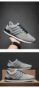 Grey men's sports casual shoes with blue stripes on textured upper and rubber sole
