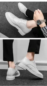 Detaillierte Ansicht weißer Brogue-Schuhe mit feinen Schnitzereien und hoher Sohle.