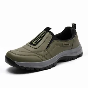 Close-up of durable olive green men's outdoor casual shoes with waterproof synthetic upper