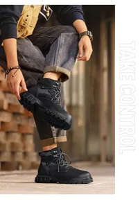 Professional detailed macro view of black high-top Martin boots with camouflage pattern
