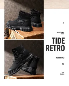 Detail view of black men's high-top work boots with camo pattern and thick sole