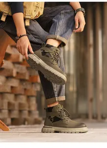 Men's military green high-top work boots featuring camo pattern and durable thick sole.