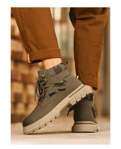 Detail view of camouflage patterned men's high-top Martin boots with a thick sole