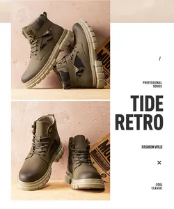 Detailed macro view of men's high-top Martin work boots featuring camouflage side panels