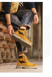 Men's yellow high-top work boots with camouflage details and thick non-slip soles