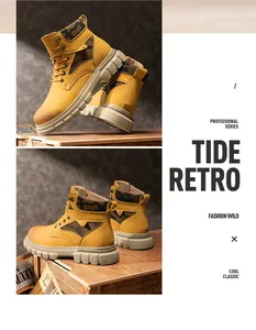 Details of men's mustard yellow high-top Martin boots with camo accents and thick soles