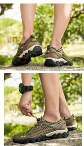 Détail de chaussures de randonnée en maille pour homme dans un cadre de parc naturel