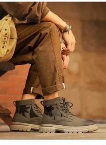 Side view of olive green camo work boots with thick rugged soles for men