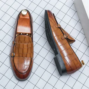 Zapatos Monk de Doble Hebilla para Hombre con Patrón de Cocodrilo Punta Puntiaguda Zapatos de Vestir Formales de Negocios para Boda Oficina Trabajo