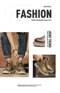 Detailed collage of men's high-top British style Martin boots in durable brown leather
