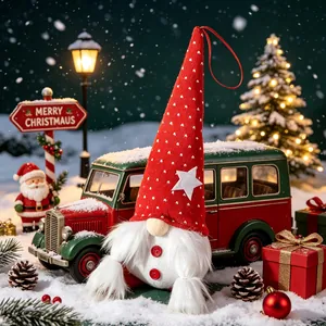 Close-up of a festive knitted Christmas gnome with a red star hat in a snowy scene.