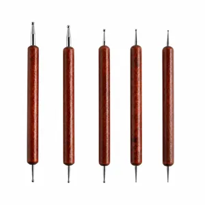 Pottery tool size chart showing 5 wooden-handled double-ended ball stylus dimensions.