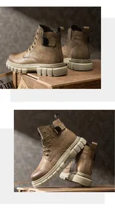 Detail shots of men's rugged khaki work boots with textured leather and lug soles