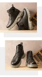 Detailed macro view of dark leather high-top Martin boots with thick beige lug soles.