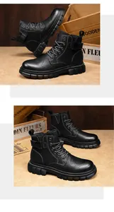 Durable black men's high-top Martin work boots featuring anti-slip thick rubber soles