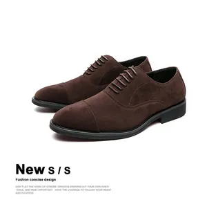 Detailed view of dark brown suede business oxford shoes with a classic formal design.