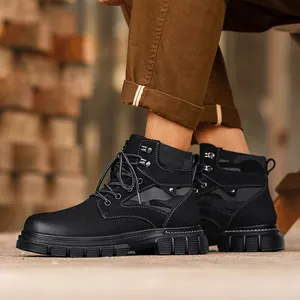 Robust black high-top work boots with camouflage detail and thick anti-slip sole