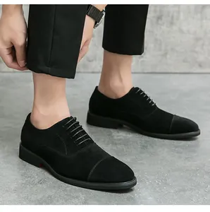 Close-up view of premium men's black suede oxford shoes for business and formal wear