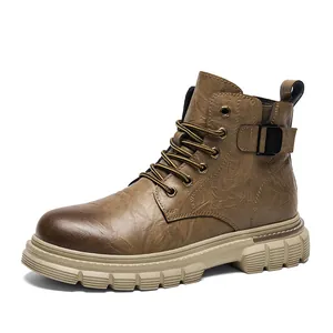 Stylish brown leather high-top Martens boots for men with thick slip-resistant soles