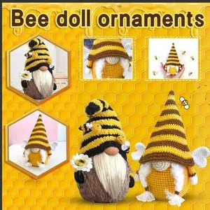 Cute bee themed gnome ornaments featuring crochet textures, striped hats and sunflower details