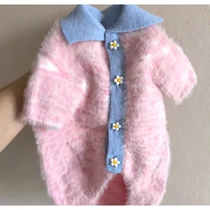 Soft fuzzy pink pet sweater with blue collar and daisy buttons for small dogs and cats