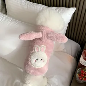 Close-up of cute pink bunny fleece dog hoodie with plush ears and embroidery