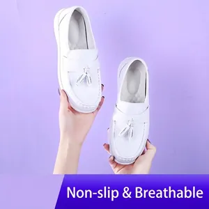 Breathable white nurse shoes with tassel detail and anti-slip thick sole