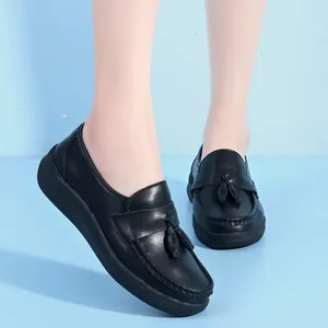 Professional black platform nurse loafers for women with soft soles and tassel decor