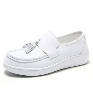 White platform nurse shoes with tassel detail and non-slip soft sole for daily work.