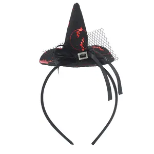 Detailed view of the black and red witch hat headband for Halloween parties
