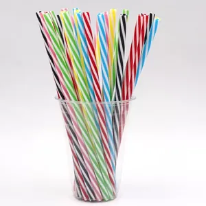 Colorful striped reusable plastic drinking straws, 19.5cm straight hard straws in cup.