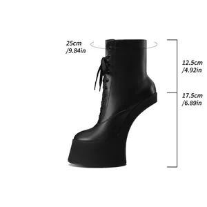 Detailed size measurements for avant-garde black heelless platform lace-up ankle boots